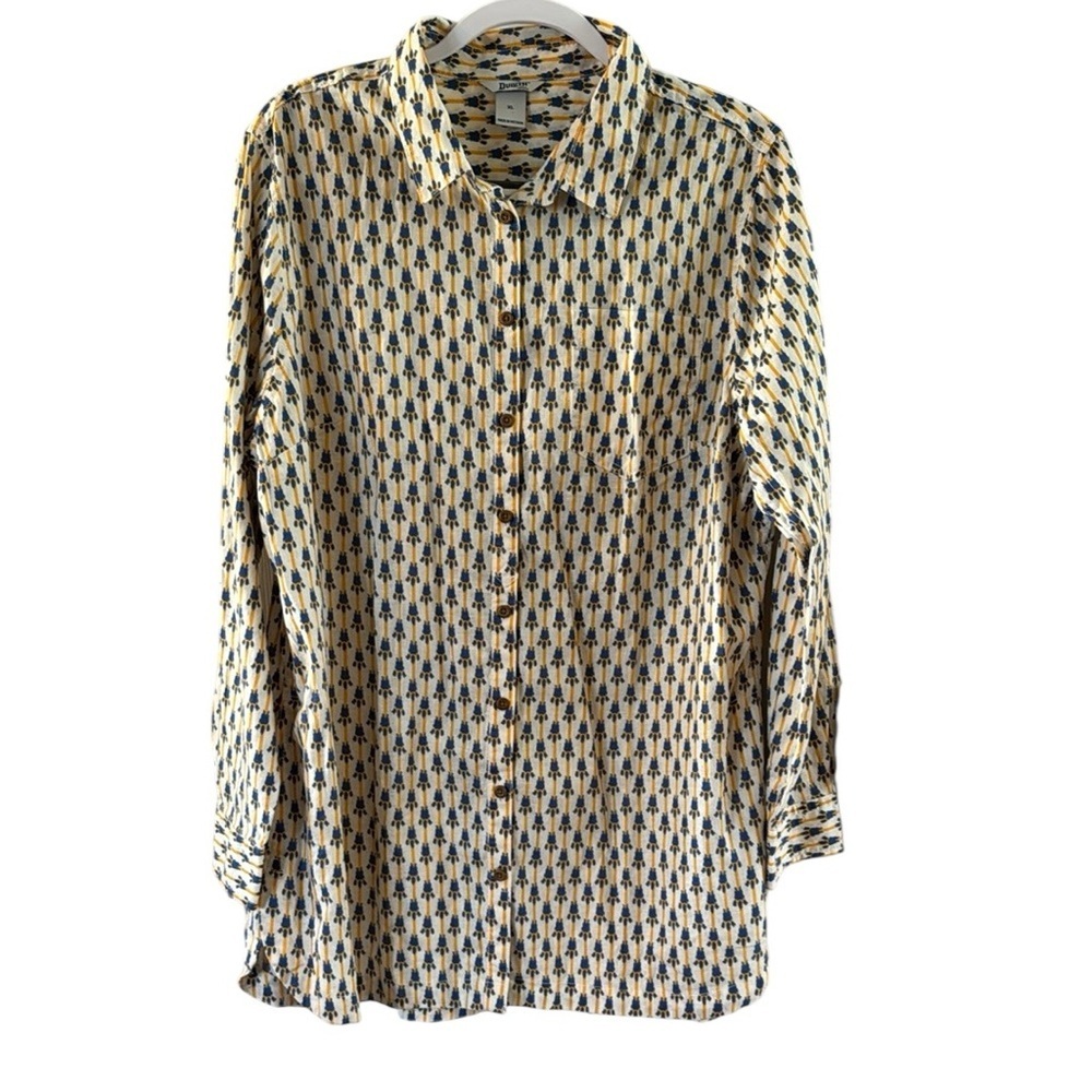 Duluth Trading Co Cream and Navy Patterned Button-Up Tunic